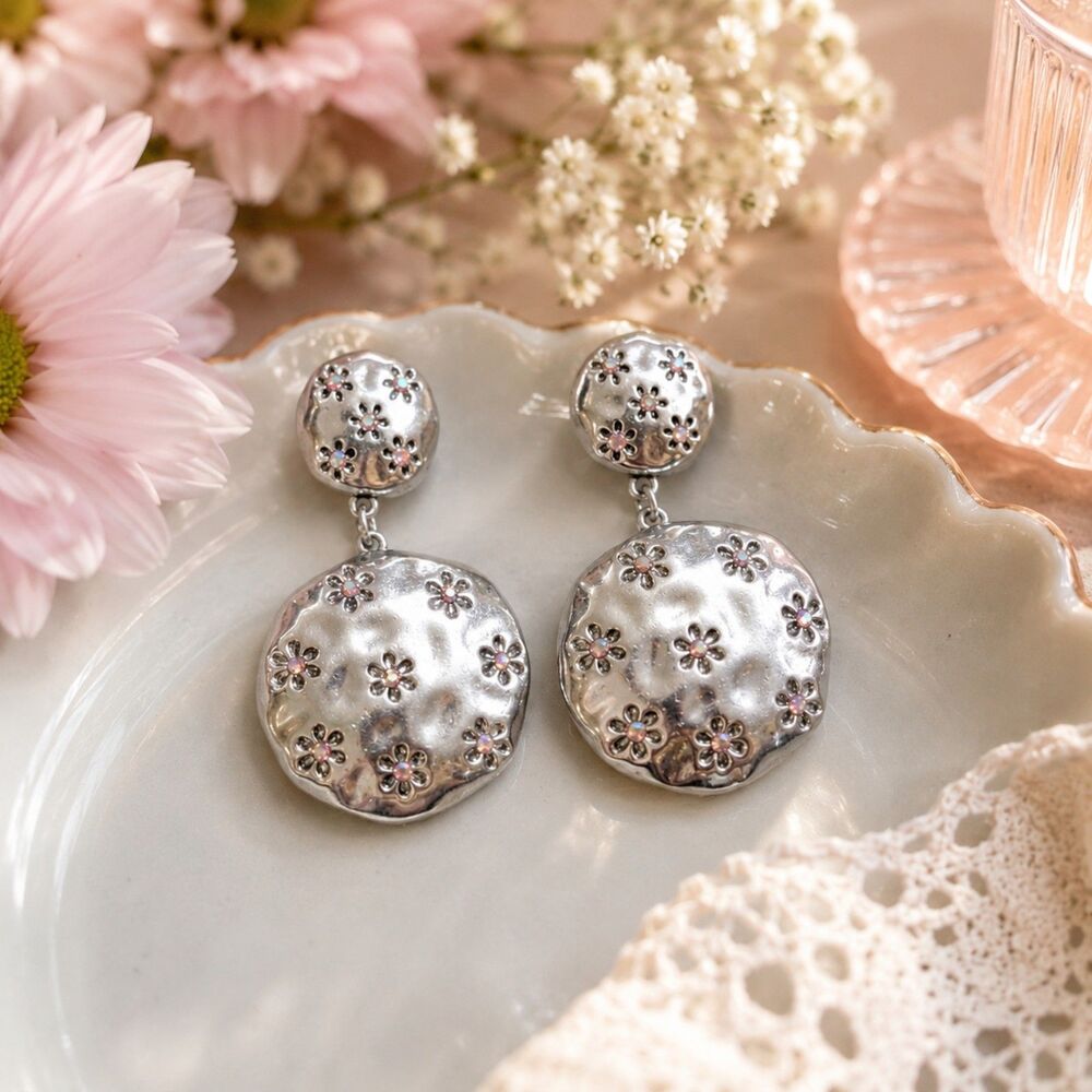 Silver Floral Clip On Earrings, Rhinestone Flower Dangle Earrings, Y2K Jewelry